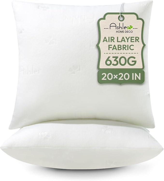 Ashler Throw Pillows Insert- 20x20 Pillow Inserts with Air Layer, Premium Bed and Couch Pillows - Indoor Decorative Throw Pillow, Square Cushion Sham Stuffer, Pack of 2, White