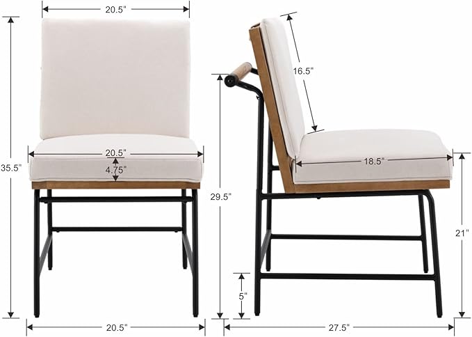 Modern Dining Chairs Set of 6, Comfy Linen Fabric Armless Side Chairs with Backrest Wooden Upholstered Seat Black Metal Legs for Dining Room Living Room, White