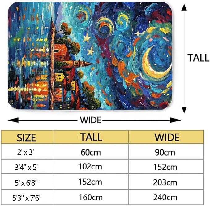 Machine Washable 5' x 8' Seaside Villages and Churches Area Rug, Bule Floor mat, Suitable for bedrooms, Girls' Room Bedside, Living Room, Dining Room, Office, Non-Slip Low-Pile Night Sky Carpet