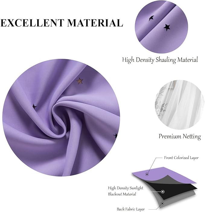 Stars Double Layer Blackout Curtains for Bedroom Kids, 96 Inches Long 2 Panels Set, Purple