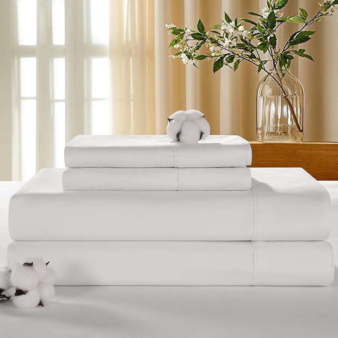 LBRO2M 100% Cotton Sheets Set Deep Pocket 19", 1000 Thread Count California King Size 4 Piece Bed Sheet Sets Soft Comfortable Bedding All Season (California King, White)