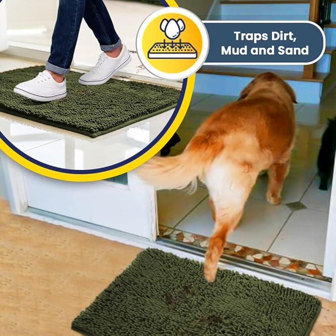 Muddy Mat® | Super Absorbent Door Mat Indoor, Microfiber Quick Dry Chenille Entryway Rug, Non-Slip Front Door Mat, Indoor Mats for Entryway, Machine Washable Pet Rug, Army Green 24" x 96"