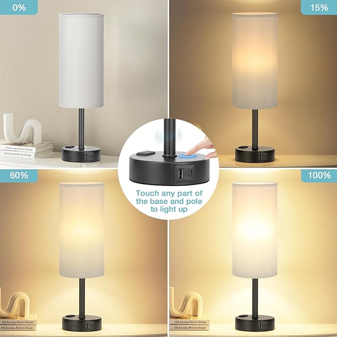 Fenmzee Grey Touch Bedside Lamp for Bedroom - 3 Way Dimmable Table Lamp USB C Charging Ports and AC Outlet, Small Desk Lamp for Living Room, Office, LED Bulb Included