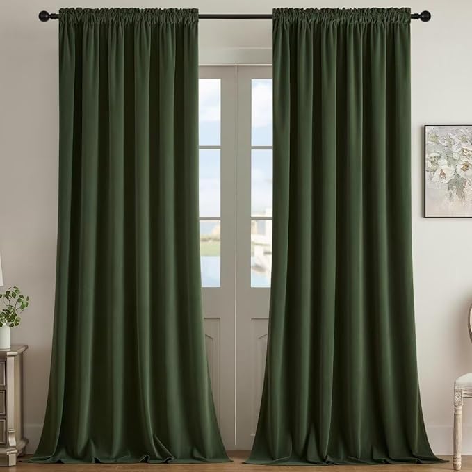 Joydeco Dark Olive Velvet Curtains 63 inch Length 2 Panels, Luxury Blackout Rod Pocket Thermal Insulated Window Curtains, Super Soft Room Darkening Drapes for Living Room Bedroom,W52 x L63 inches