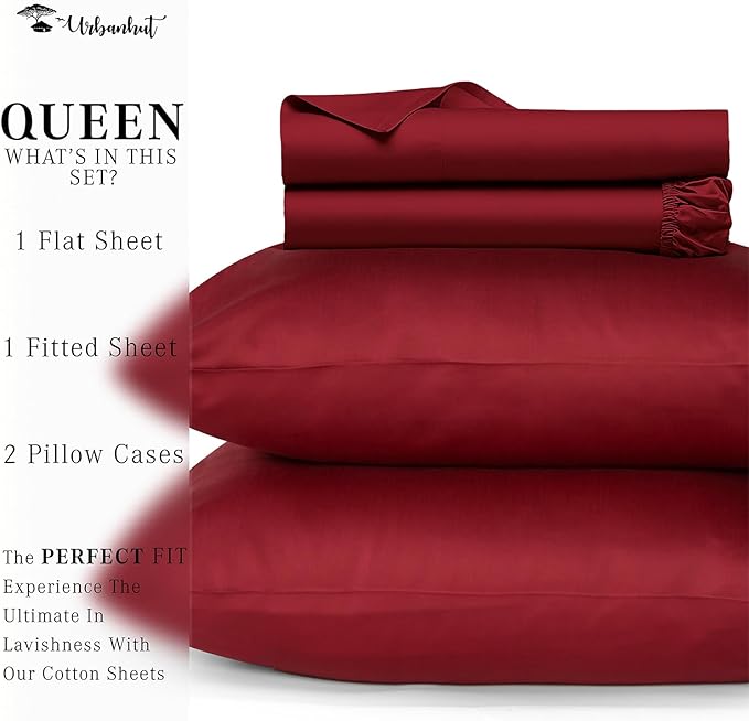 URBANHUT 800 Thread Count 100% Cotton Queen Size Sheets, Luxury 4 Piece Queen Bedsheets, Hotel Sheets Sateen Finish - Better Than Egyptian, 16" Elasticized Deep Pocket - Burgundy