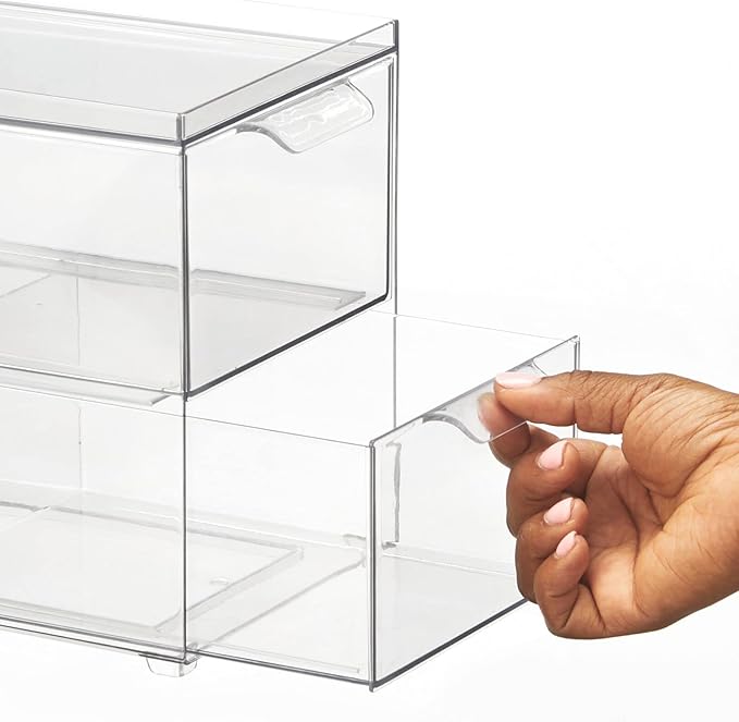 mDesign Stackable Storage Containers Box with 2 Pull-Out Drawers - Stacking Plastic Drawer Bins for Master or Guest Bathroom, Linen Closet, Vanity, or Makeup Table - Lumiere Collection - 8 Pack, Clear