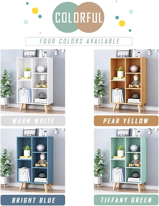 IOTXY Wooden Open Shelf Bookcase - 3-Tier Floorstanding Display Cabinet Rack with Legs, 5 Cubes Free Standing Bookshelf, Tiffany-Green