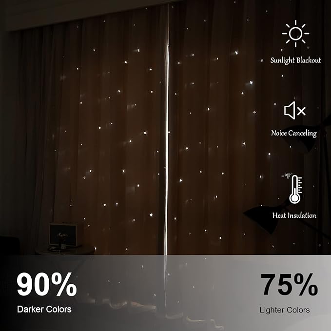 Star Double Layer Blackout Curtains for Bedroom & Kids, Cute, 72 Inches Long, 2 Panels Set, Beige, 42 X 72 Inches