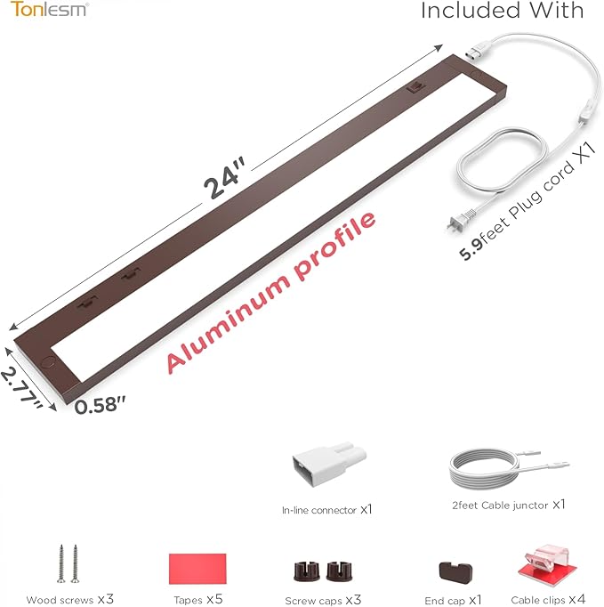 24 Inch Under Cabinet Lighting Plug in, 14W 120V 3 Color 3000K/4000K/5000K, 3 Brightness, Super Bright, Ultra Thin Under Counter Lights for Kitchen, Linkable LED Cabinet Light, Bronze
