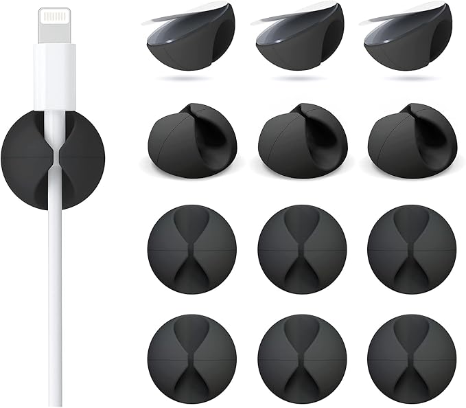 12 Pack Cable Clips, Znben Cord Organizer Holder Adhesive Cable Management Charger Wire Holder Clips for Desk, Home, Office, Car, Cubicle, Nightstand Black