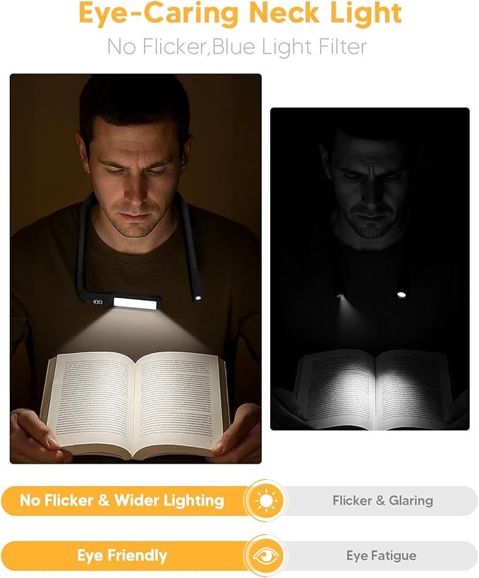 Book Light with EVA Case: Rechargeable Eye Caring 3 Color Dimmable Neck Reading Light, Bendable Neck Lamp with Power Display, Reading Lamp Knitting Crochet Accessories Neck Lights for Crafts