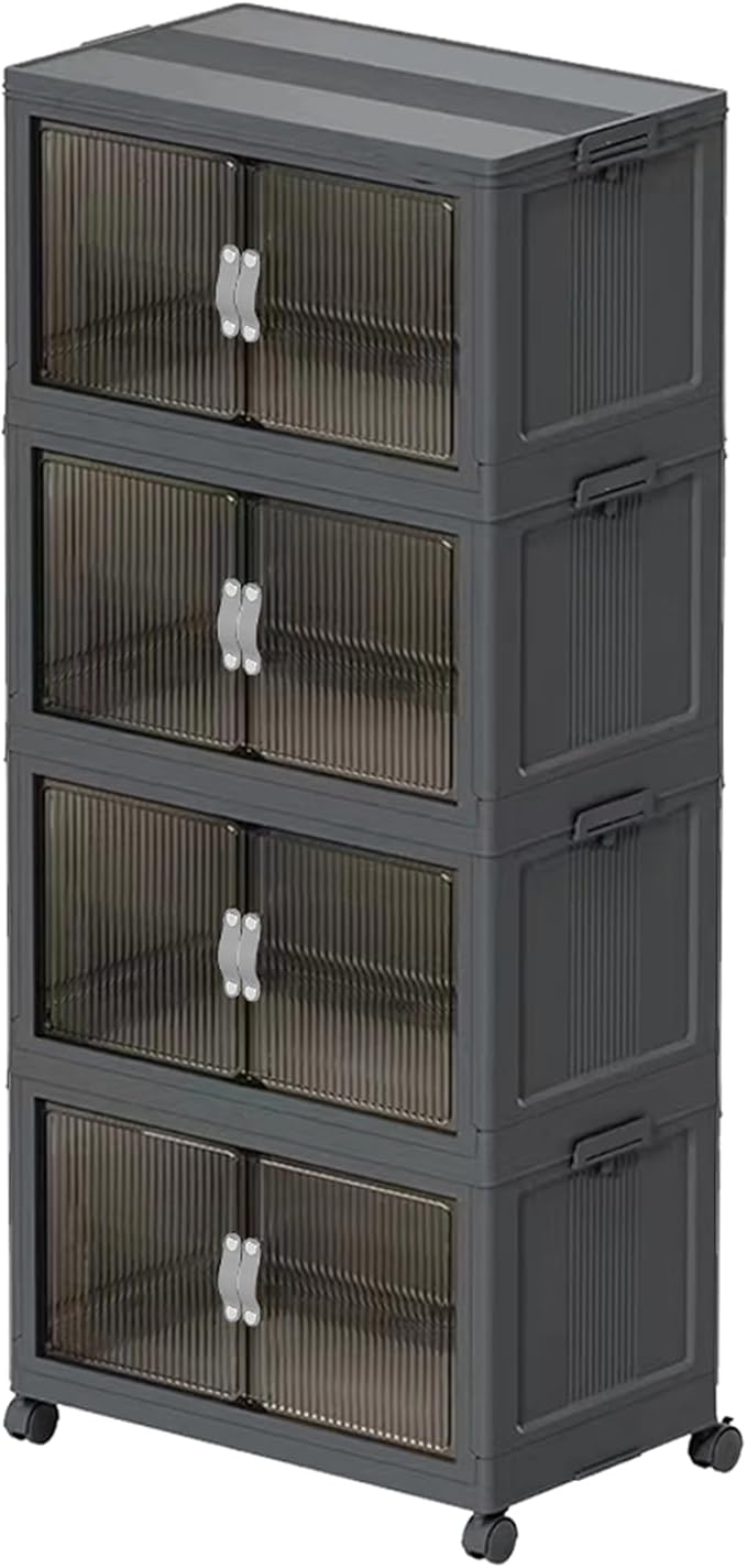 Stackable Storage Bins with Lid & Wheel, Folding Storage Cabinet with Door, Large Foldable Containers Plastic Collapsible Storage Boxes for Home, Pantry, Office (M, Gray 4-Tier)
