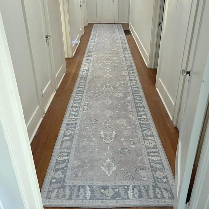 Fame Rugs Gray Modern Oushak Rug 2'6"x7', Washable Vintage Turkish Colorful Oriental Antique Inspired Foldable Small Runner Rugs, Luxury Living Room Bedroom (389GBB, 2'6" x 7')