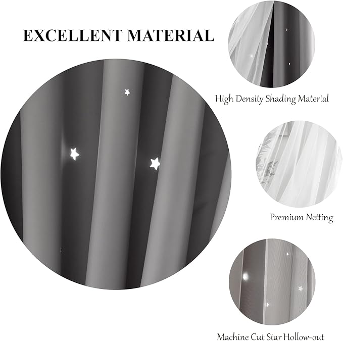 Stars Curtains Double Layer Curtains Blackout Curtains for Bedroom Kids Curtains Cute Curtains Kids Blackout Curtains, Curtains 72 Inches Long 2 Panels Set, Grey Curtains, 52 X 72 Inches