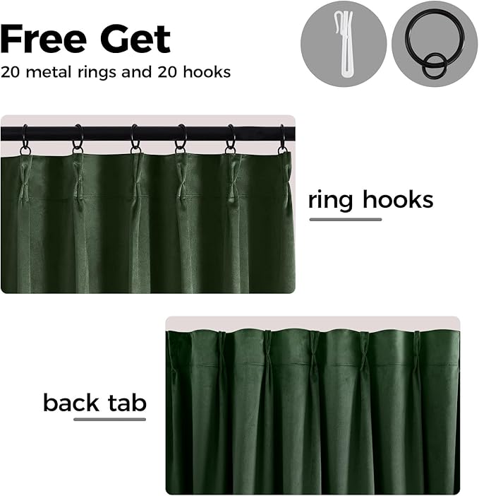 Pinch Pleated 100% Blackout Curtains for Bedroom, Olive Green Velvet Curtains for Living Room, Black Out Curtain 96 inch Long Room Darkening, Blackout Pinch Pleat Drapes with Hooks 2 Panels
