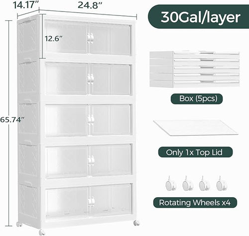 150Gal Stackable Storage Bins with Lid, 600Qt Extra Large Collapsible Storage Box with Doors and Wheels, Plastic Closet Organizer and Storage Cabinet Drawer for Home Kitchen, 5Pack White