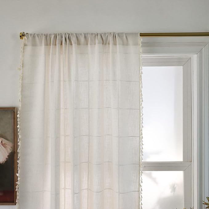 Sutuo Home Boho Curtain for Bedroom 84 Inch Length, Light Filtering Country Farmhouse Vintage Chic Tassels Window Treatment Bohemian Grid Drape for Decor 1 Panel 52" W x 84" L, Cream White Plaids