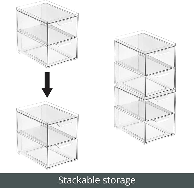 mDesign Stackable Storage Containers Box with 2 Pull-Out Drawers - Stacking Plastic Drawer Bins for Master or Guest Bathroom, Linen Closet, Vanity, or Makeup Table - Lumiere Collection -Clear