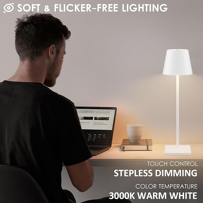 4-Pack Rechargeable Table Lamps, LED Cordless Table Lamp, 3W 6000mAh Battery Operated Table Light, Stepless Dimming Portable Table Light Waterproof for Restaurant/Indoor/Outdoor (White)