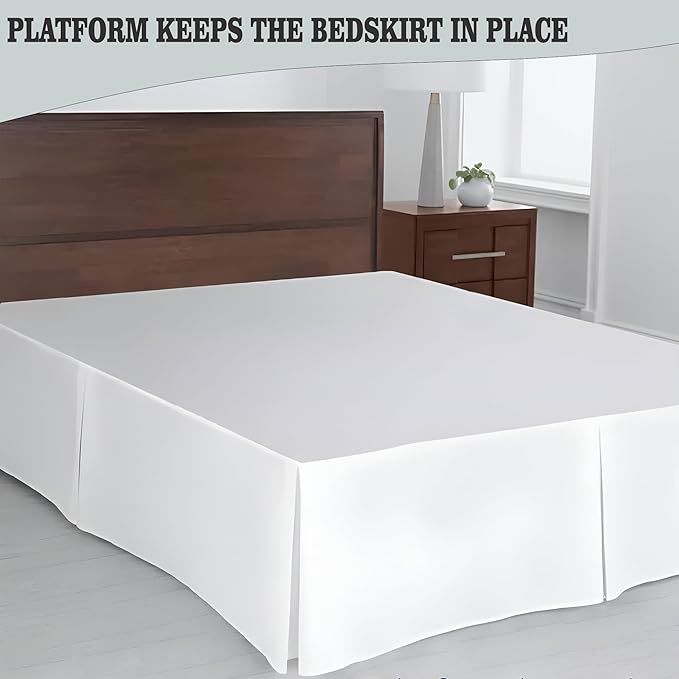 Pleated Bed Skirt Queen Size, 21" Drop with Platform Design for Secure Fit, Split Corners, Wrinkle-Resistant Microfiber for Modern Stylish Look, Tailored Bedding for Hotel Luxury - White