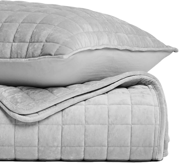 RECYCO Luxury Velvet Quilt Set Full Queen Size Bedding Sets, Ultra Soft Velvet Comforter Set, Lightweight Channel Box Stitch Oversized Bedspread Coverlet for All Season, with 2 Shams, Frost Gray