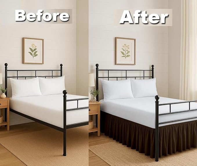 Ruffled Bed Skirt Split Corners with Platform, Tailored Fit Hotel Quality Wrinkle Free Ultra-Soft Microfiber Dust Ruffle, Upto 21 Inch Drop, King, Chocolate