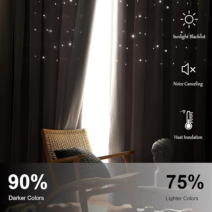 Stars Curtains Double Layer Curtains Blackout Curtains for Bedroom Kids Curtains Cute Curtains Kids Blackout Curtains, Curtains 72 Inches Long 2 Panels Set, Beige Curtains, 52 X 72 Inches