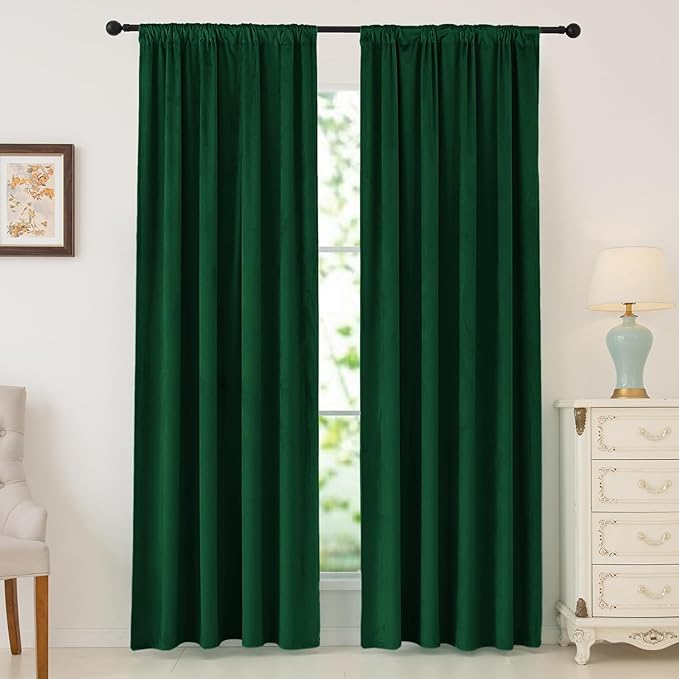 nanbowang Green Velvet Curtains - 42 Inches Width 72 Inches Long Soft Curtain Rod Pocket Thermal Insulated Drapes Window Treatment for Bedroom 2 Panels