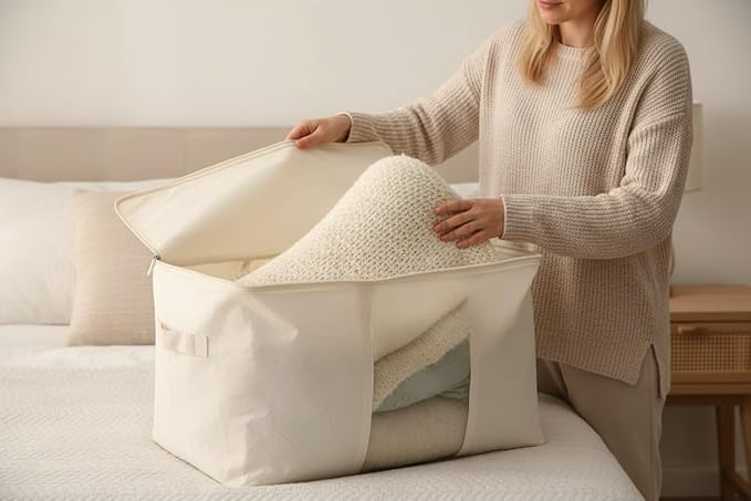 Soft Canvas Clothes Storage Bags with Four Carrying Handles and Clear Window, Closet Organizer for Clothing, Blankets Sheets and Bedding, 55L, 3 Pack, Beige