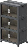 Stackable Storage Bins, Plastic Closet Organizer Folding Container with Lid & Wheel, Collapsible Storage Cabinet with Door, Foldable Storage Boxes for Home, Pantry, Office (L, Gray 3-Tier)