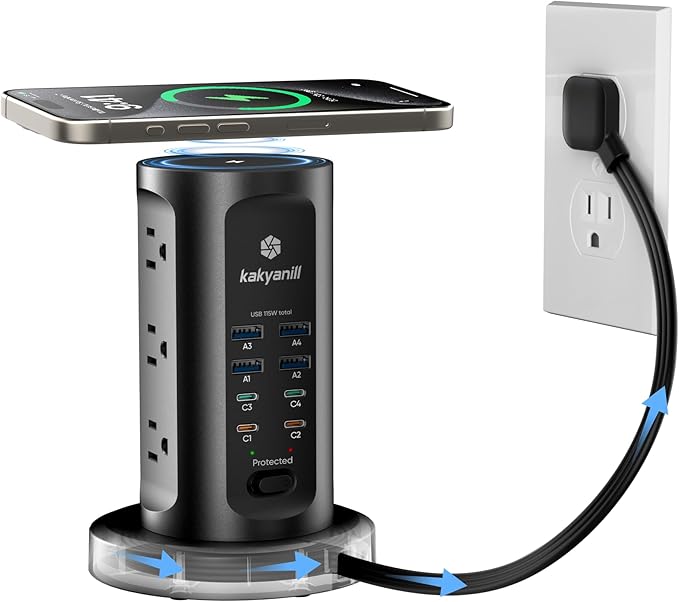 115W USB Charging Station, Surge Protector Power Strip Tower, 9 AC Outlets with 8 USB Ports(4 USB-C), 6Ft Flat Plug Retractable Extension Cord, for Home Office Dorm, Black