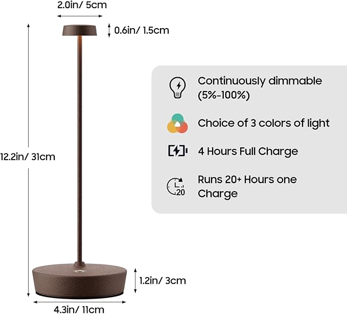 2Pack Cordless LED Table Lamp，Rechargeable Battery Desk Lamps, 3 Color Stepless Dimmable Metal Battery Table Lamps, Portable Waterproof Table Light for Indoor/Outdoor/Restaurant
