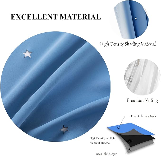 Star Double Layer Blackout Curtains for Bedroom, Kids - Cute, 96 Inches Long, 2 Panels Set, Blue, 42 X 96 Inches