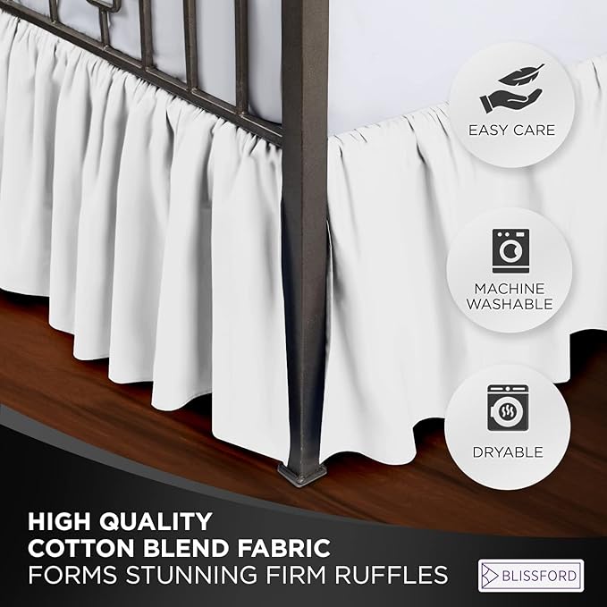 BLISSFORD White Bed Skirt King Size 14 inch Drop - with Split Corners - Cotton Blend Ruffled Bed Skirt, Dust Ruffle with Platform, White King Size BedSkirt, Machine Washable