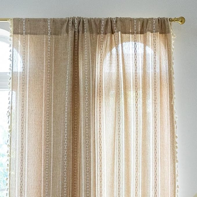 Sutuo Home Boho Curtains for Bedroom Living Room 102 Inches Length, Light Filtering French Country Farmhouse Vintage Chic Tassels Hollow Window Treatment Bohemian Drape, 1 Panel 52" W x 102" L Natural