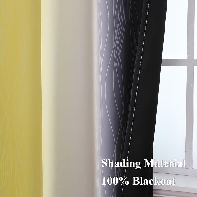Estelar Textiler Black and Yellow Ombre Blackout Curtains for Bedroom, Full Room Darkening Grommet Curtains for Living Room, Thermal Insulated Light Blocking Gradient Drapes, 42Wx84L,2 Panels