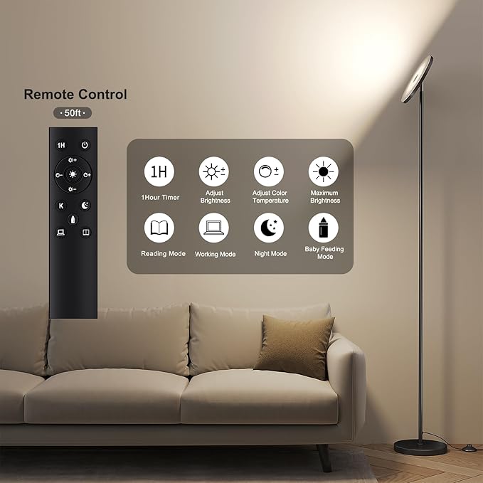 SUNMORY Floor Lamps for Living Room, 32W/3000LM Super Bright LED Floor Lamp with Remote Control, 69" Tall Standing Lamp with Stepless Dimmable, Modern Torchiere Corner Lamp for Bedroom, Office
