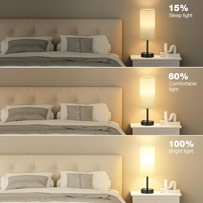Light Beige Table Lamp for Nightstand - 3 Way Dimmable Bedside Lamp for Bedroom with USB C A Charging Ports and AC Outlet, Small Desk Lamp with Black Base for Living Room, Office, LED Bulb Included