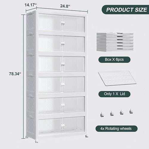 180Gal Stackable Storage Bins with Lid, 720Qt Extra Large Collapsible Storage Box with Doors and Wheels, Plastic Closet Organizer and Storage Cabinet Drawer for Home Kitchen, 6Pack White