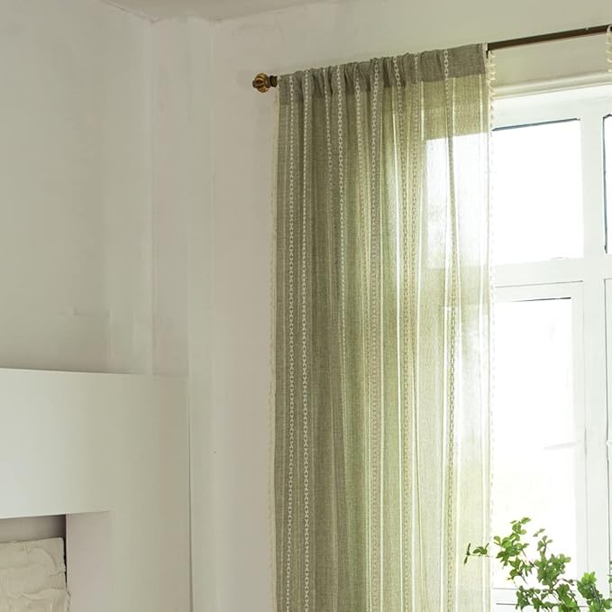 Sutuo Home Boho Curtains for Bedroom Living Room Kitchen, Semi-Blackout French Country Farmhouse Vintage Linen Shabby Chic Tassels Hollow Window Treatment Bohemian Drape, 1 Panel 52" W x 63" L, Green