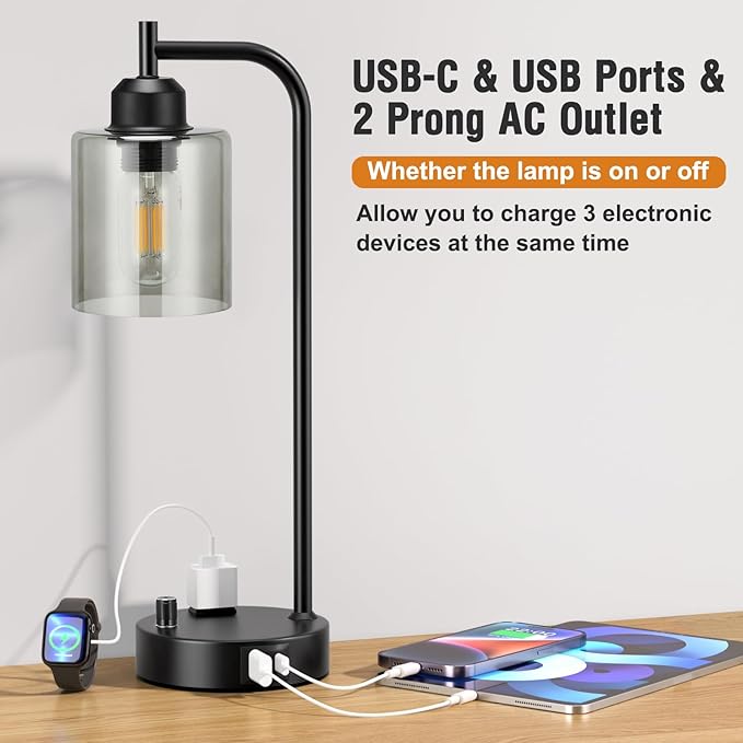 Industrial Desk Lamps for Office Set of 2 - Fully Dimmable Bedside Lamps with USB A C Ports and Outlet, Black Nightstand Lamps with Grey Glass Shade for Living Room, Table Lamps for Bedrooms Reading