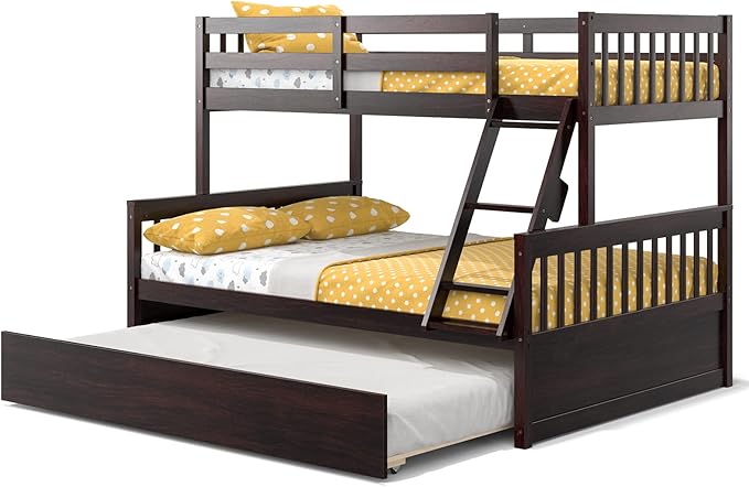 Giantex Twin Over Full Bunk Bed with Trundle, Convertible Platform Bed Frame with Ladder, Solid Wood Frame & Safety Guardrails, Space-Saving Bunk Bed for Teens & Kids, No Box Spring Needed, Espresso