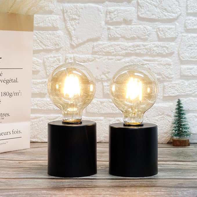 JHY DESIGN Set of 2 Black Table Lamp Battery Powered 7" Tall Cordless Lamp Light with Edison Style Bulb Battery Operated Great for Living Room Bedroom Weddings Parties Indoors Outdoors
