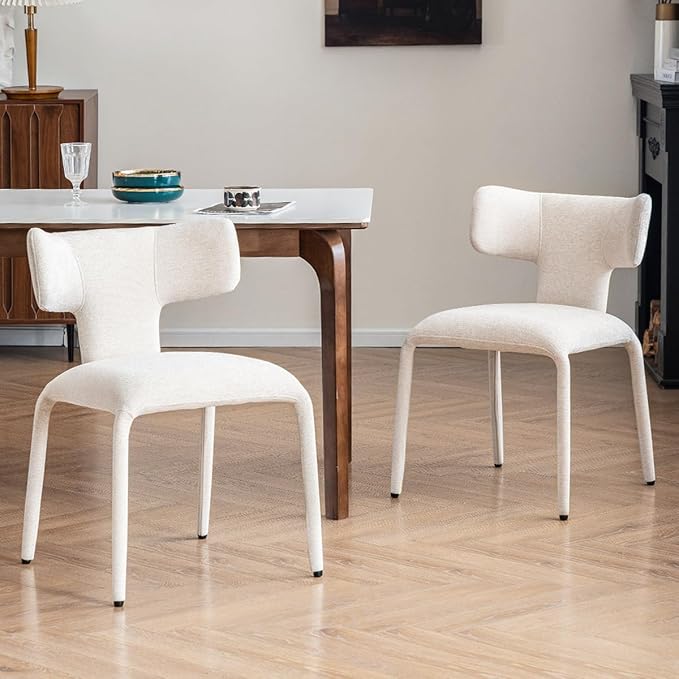 Kidol & Shellder Dining Chairs Set of 2,Modern Upholstered Fabric Dining Room Chairs with Curved Barrel Back,Armless Kitchen Chairs with Metal Legs and Padded Seat for Living Room and Bedroom Beige