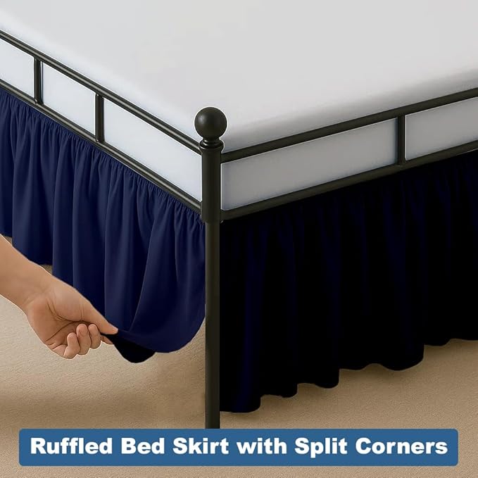 Ruffled Bed Skirt Split Corners with Platform, Tailored Fit Hotel Quality Wrinkle Free Ultra-Soft Microfiber Dust Ruffle, Upto 16 Inch Drop, Queen, Navy Blue