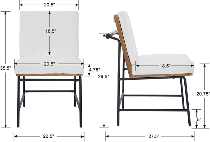 Modern Dining Chairs Set of 4, Comfy Sherpa Fabric Armless Upholstered Side Chairs with Wooden Backrest Black Metal Legs for Dining Room Living Room, White