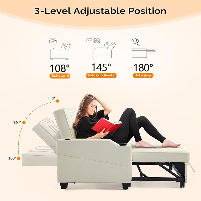 VINGLI Beige Loveseat Sleeper Sofa, Convertible Futon Sofa Bed Faux Leather Pullout Couch Bed with USB Ports, Cup Holders, Armrest for Living Room, Bedroom, Home Office Apartment