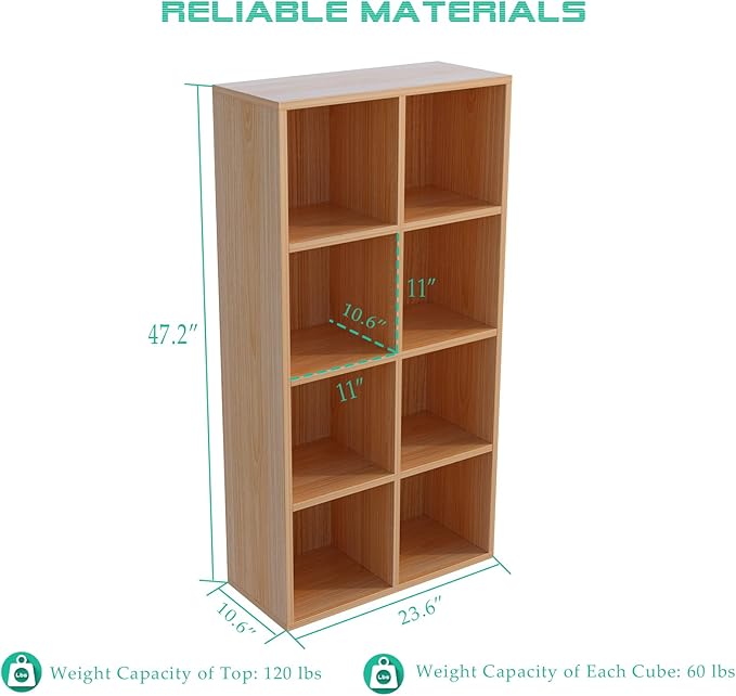 OSCHF 8-Cube Storage Shelf Bookcase - Wooden 4-Tier Floor Standing Open Bookshelf for Home and Office, Display Cabinet, Oak