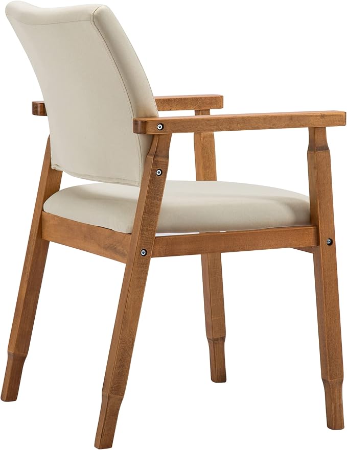 thksbought Mid Century Modern Walnut Dining Chairs Wood Arm Beige Fabric Kitchen Cafe Living Room Decor Furniture