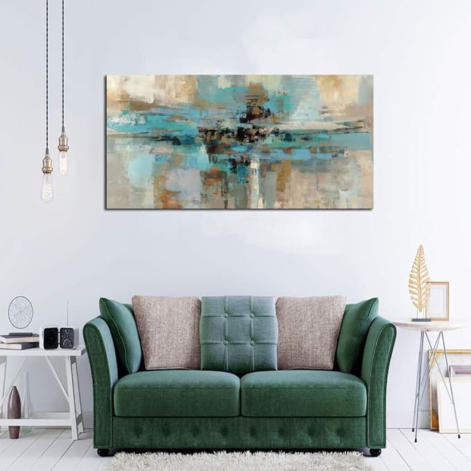 DZL Art A74750 Canvas Prints Abstract Wall Art Print Paintings Blue and Brown Stretched Canvas Wooden Framed for living Room Bedroom and Office Home Decor Artwork